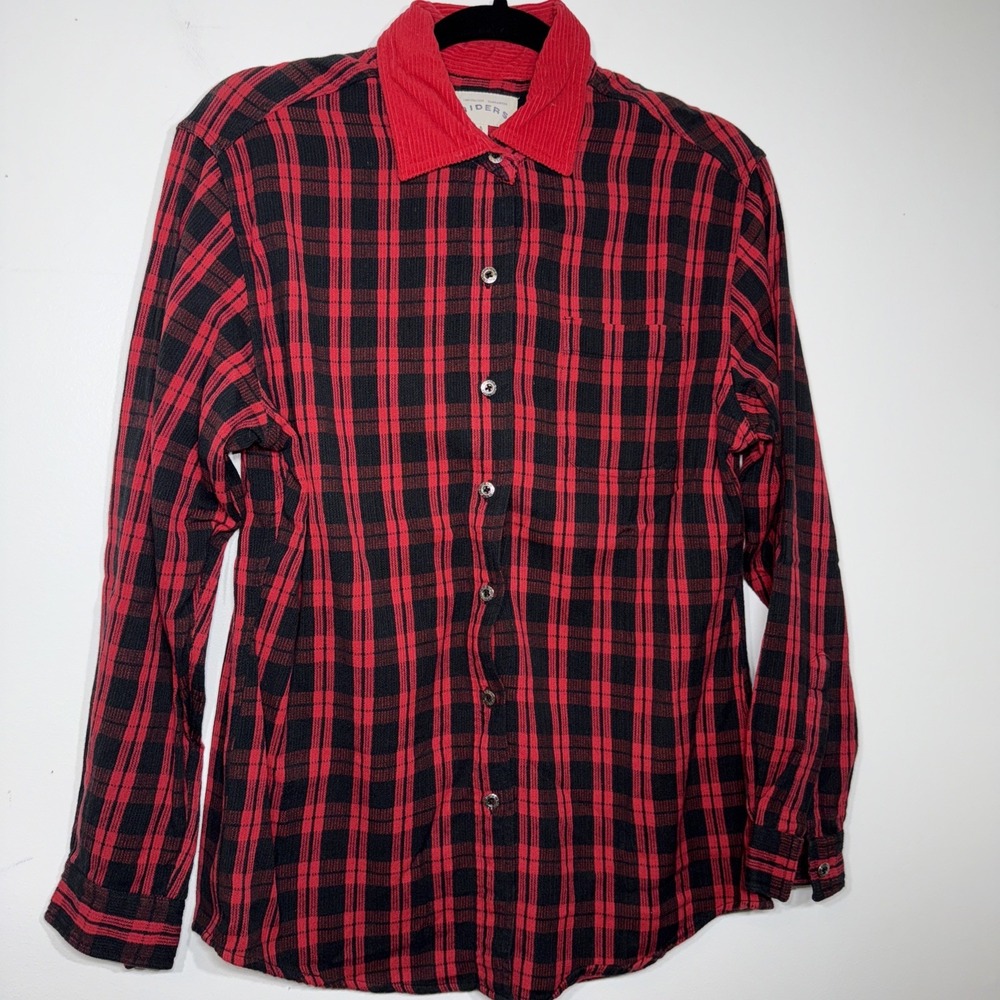Vintage Riders Women Red Black Plaid Button up Shirt with Corduroy Collar Size M